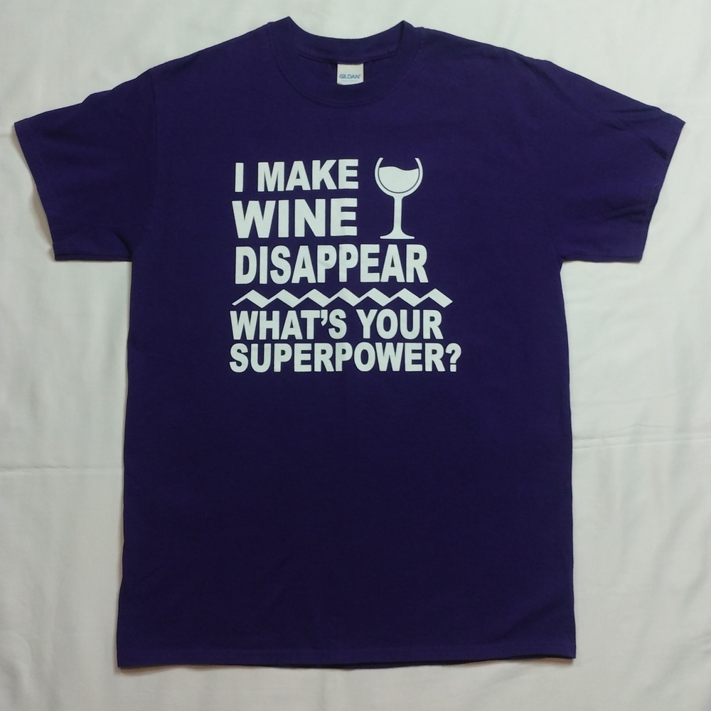 NWOT Gildan Purple Graphic Short Sleeve I MAKE WINE DISAPPEAR Superpower Tee M